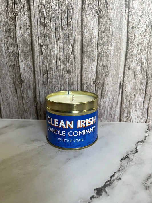 Winter's Tail Non-toxic Irish Scented Soy candle in a gold tin